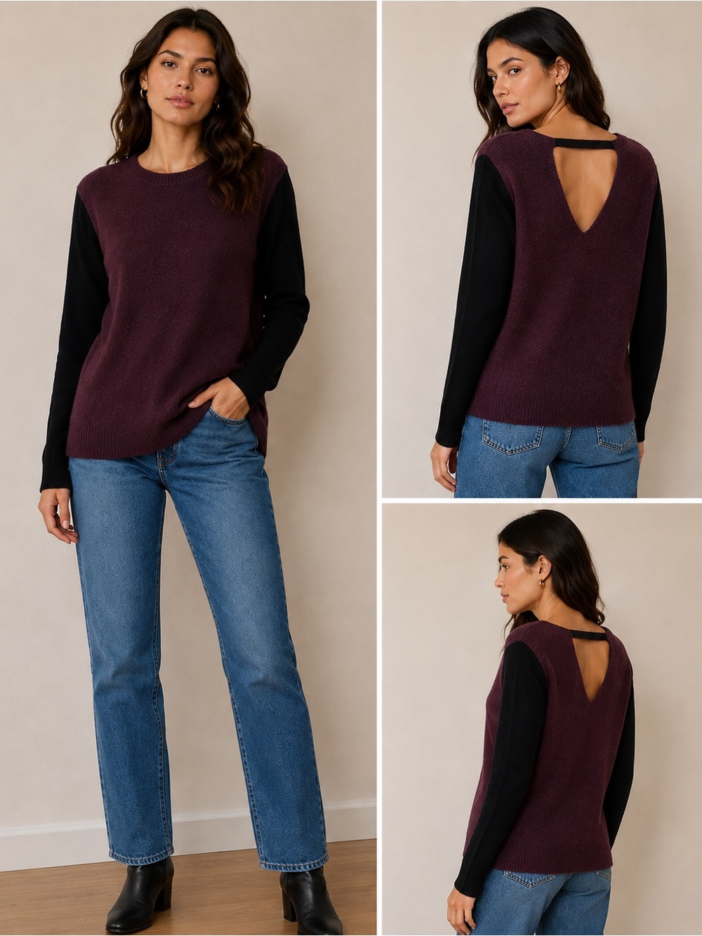 Armani Exchange Two-Tone Scoop Sweater in Plum and Black